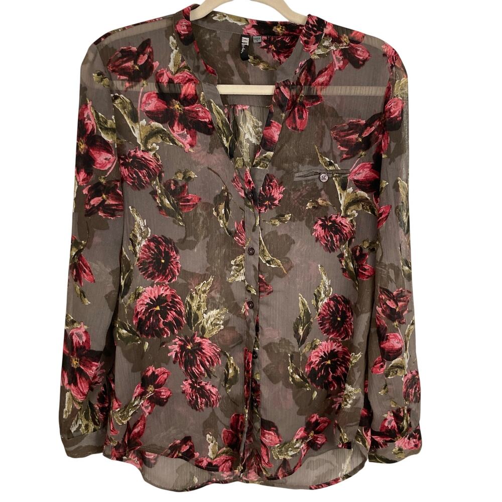 Kut From the Kloth Gray Sheer Floral Button Down Size S Fairy Grunge Whimsigoth‎